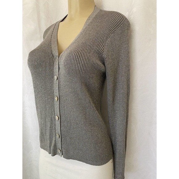 Joseph A. Top Ribbed Knit Silver Metallic Long Sleeve V Neck Button Down… - Picture 2 of 4
